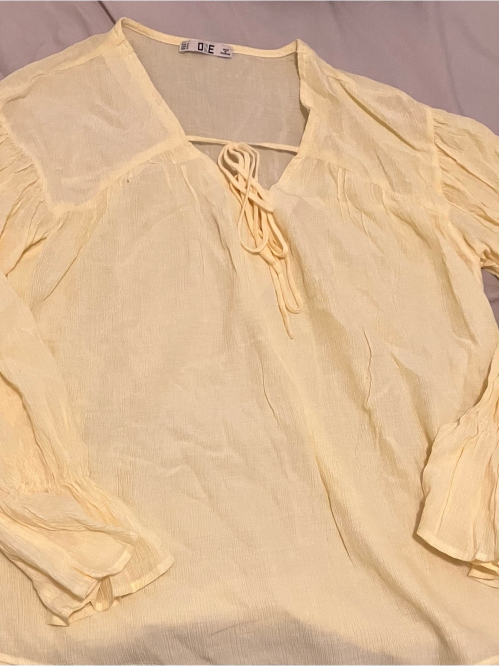 ONE Light Cream Tie-Neck Peasant Blouse - Women!Accepting Offers/Bundle Deals!